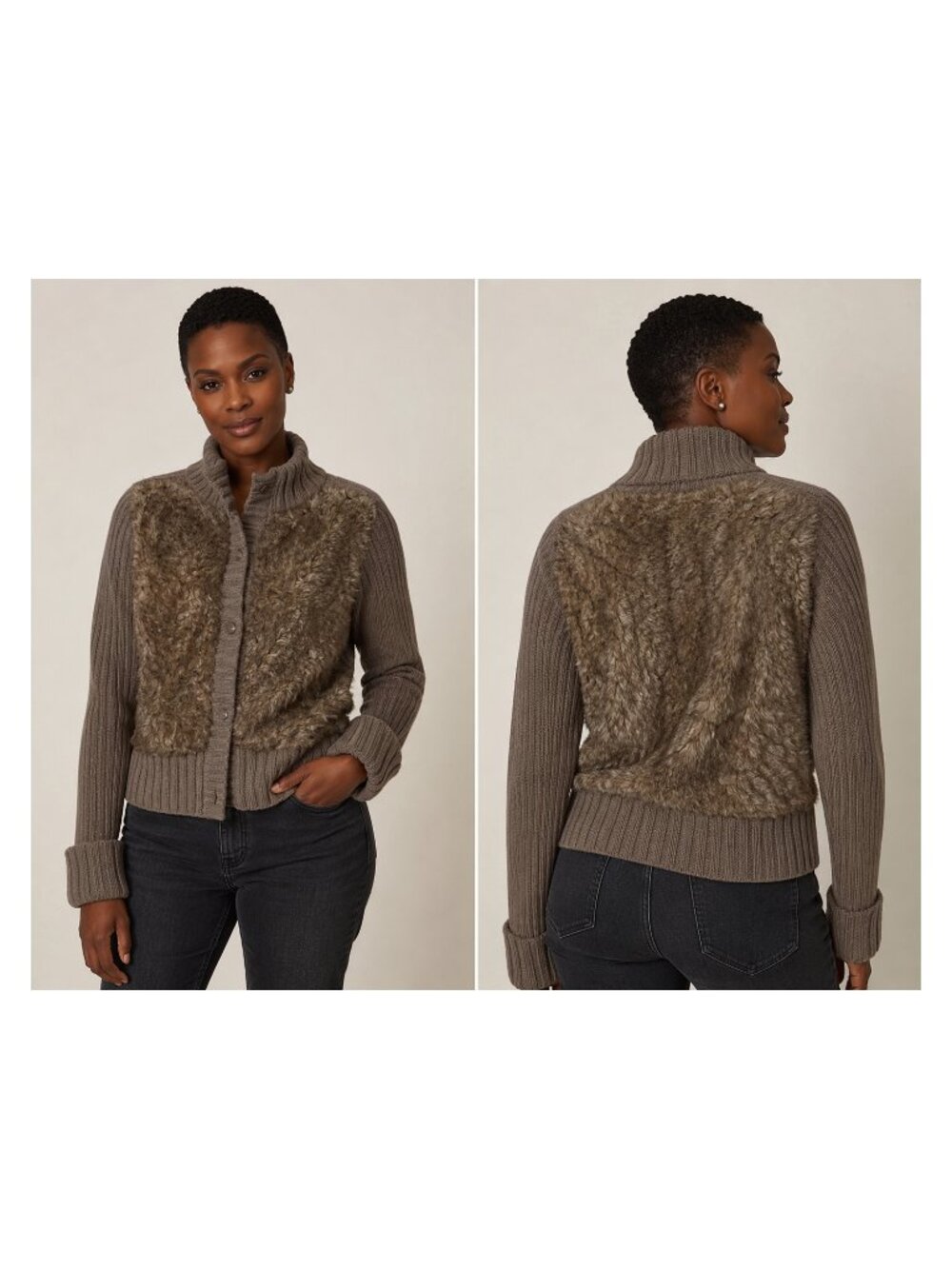 Club Monaco Faux Fur Knit Jacket Brown Button Front Mock Neck Medium Minimalist